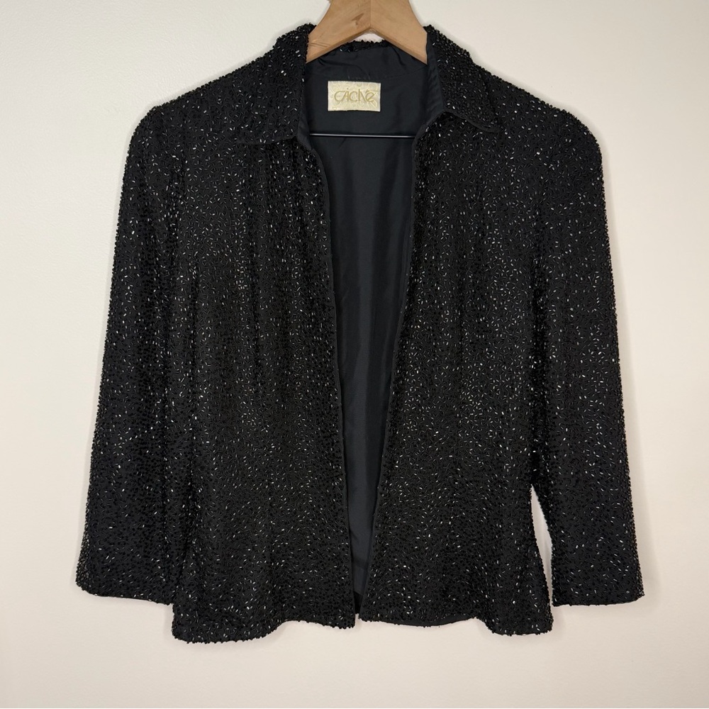 VTG Caché Beaded Blazer 100% Silk Black Size Small Holiday Whimsigoth Y2K